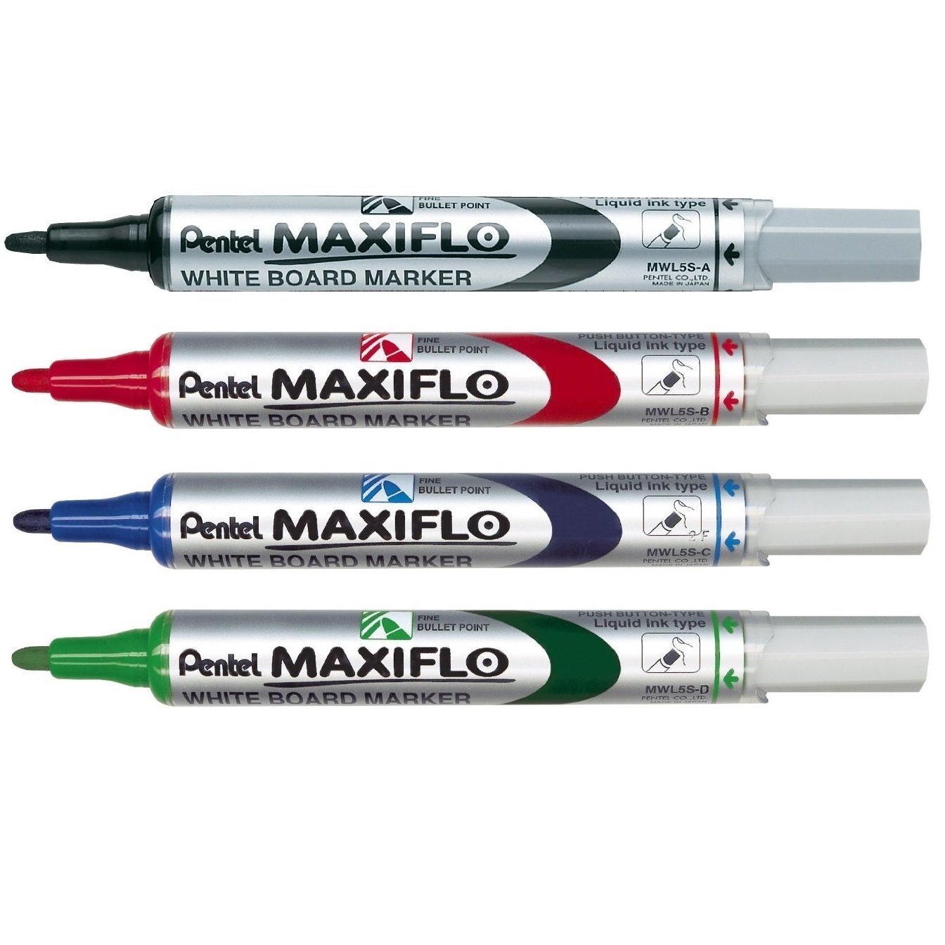 Pentel Maxiflo Whiteboard Markers - Bullet Tip - Assorted Colours (Pack of  4), YMWL5S-4